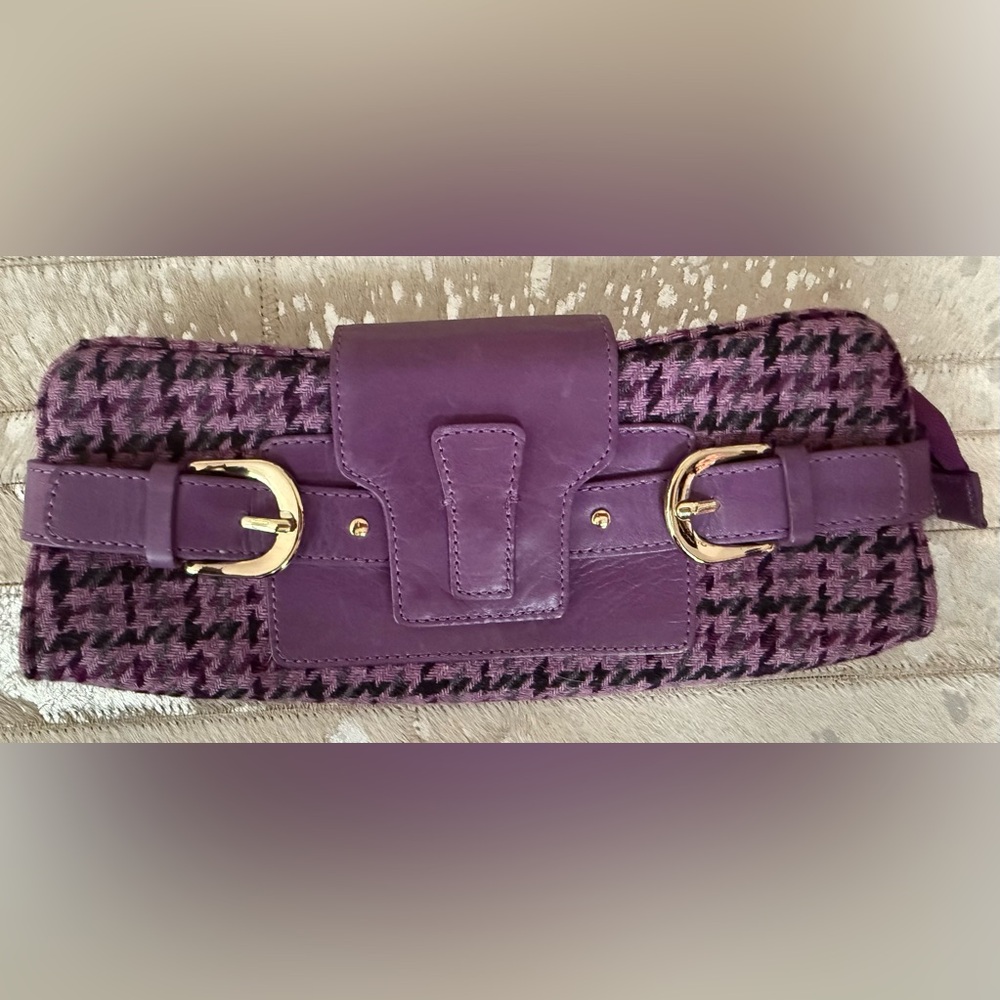 Banana Republic Purple Houndstooth Clutch with Leather & Gold Hardware